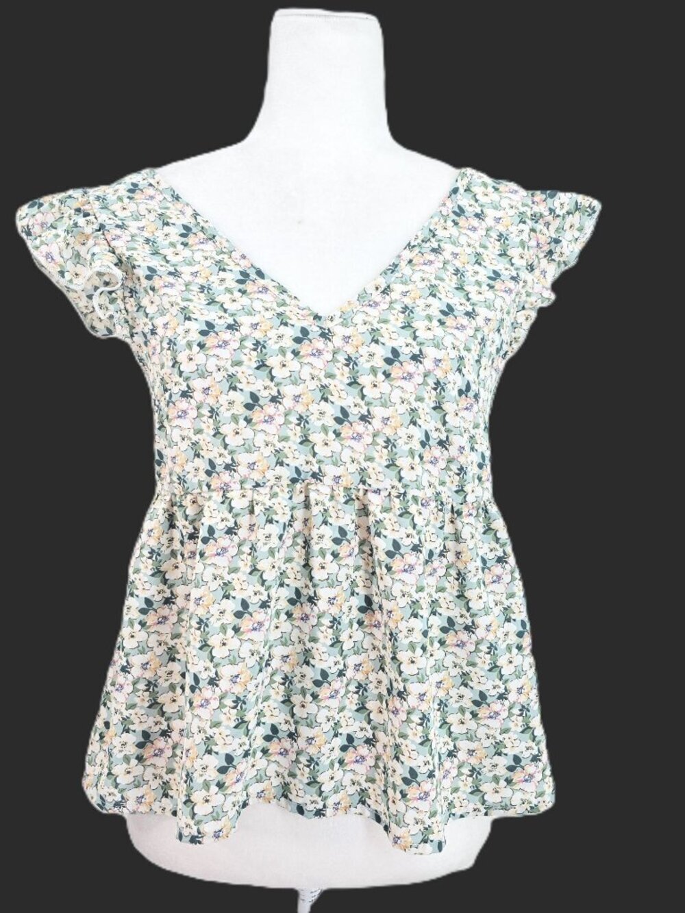 Women's White Green Ditsy Floral Lave V Neck Babydoll Top Women Size XS